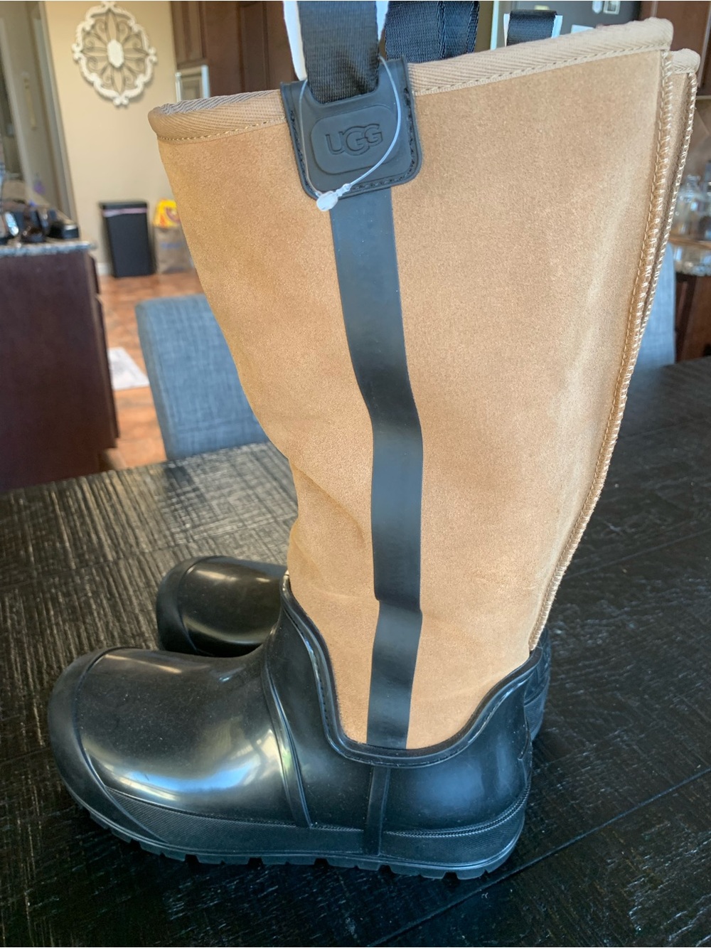 UGG Tan Suede and Black Rubber Tall Rain Boots